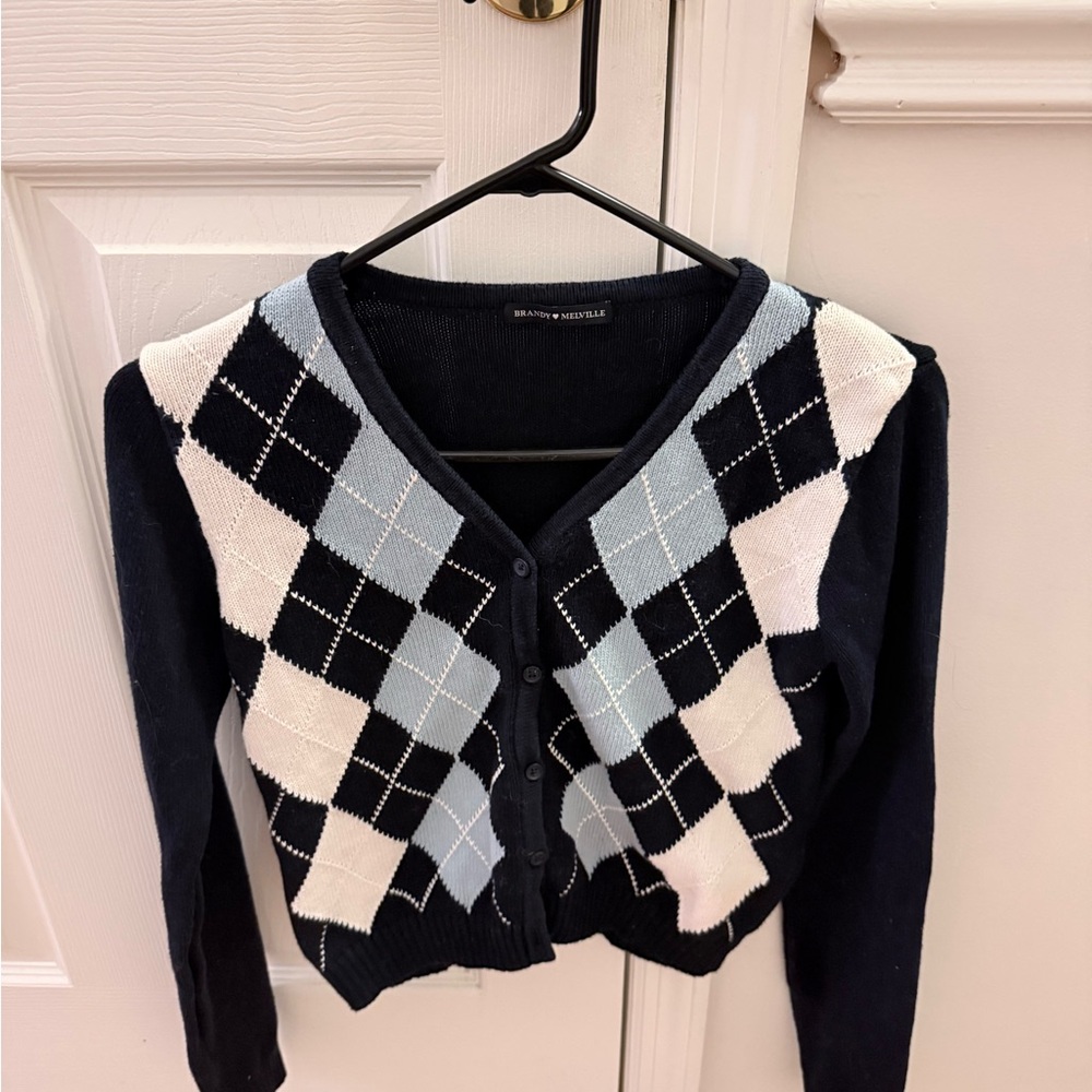 Brandy Melville Argyle Cardigan in Navy and White